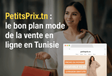 isuel promotionnel pour PetitsPrix.tn montrant une jeune femme souriante avec des sacs de shopping, accompagné d’une capture d’écran du site affichant une offre spéciale : ensemble à 95 DT avec livraison gratuite. Slogan : PetitsPrix.tn, le bon plan mode de la vente en ligne en Tunisie.