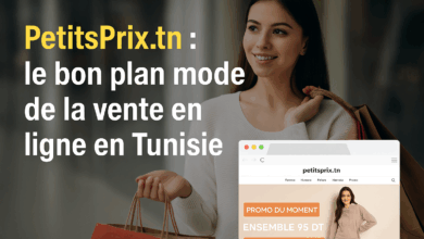 isuel promotionnel pour PetitsPrix.tn montrant une jeune femme souriante avec des sacs de shopping, accompagné d’une capture d’écran du site affichant une offre spéciale : ensemble à 95 DT avec livraison gratuite. Slogan : PetitsPrix.tn, le bon plan mode de la vente en ligne en Tunisie.